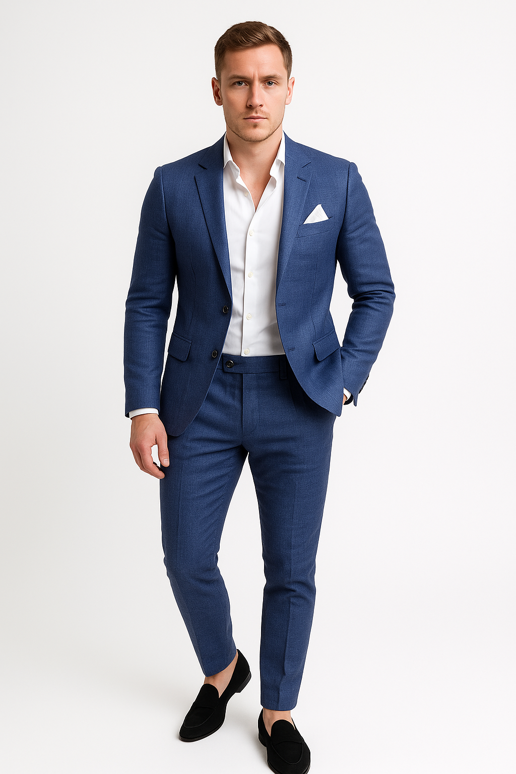 Homme en costume bleu élégant, chemise blanche, pochette blanche, chaussures noires. Mode masculine, tenue professionnelle, style moderne.