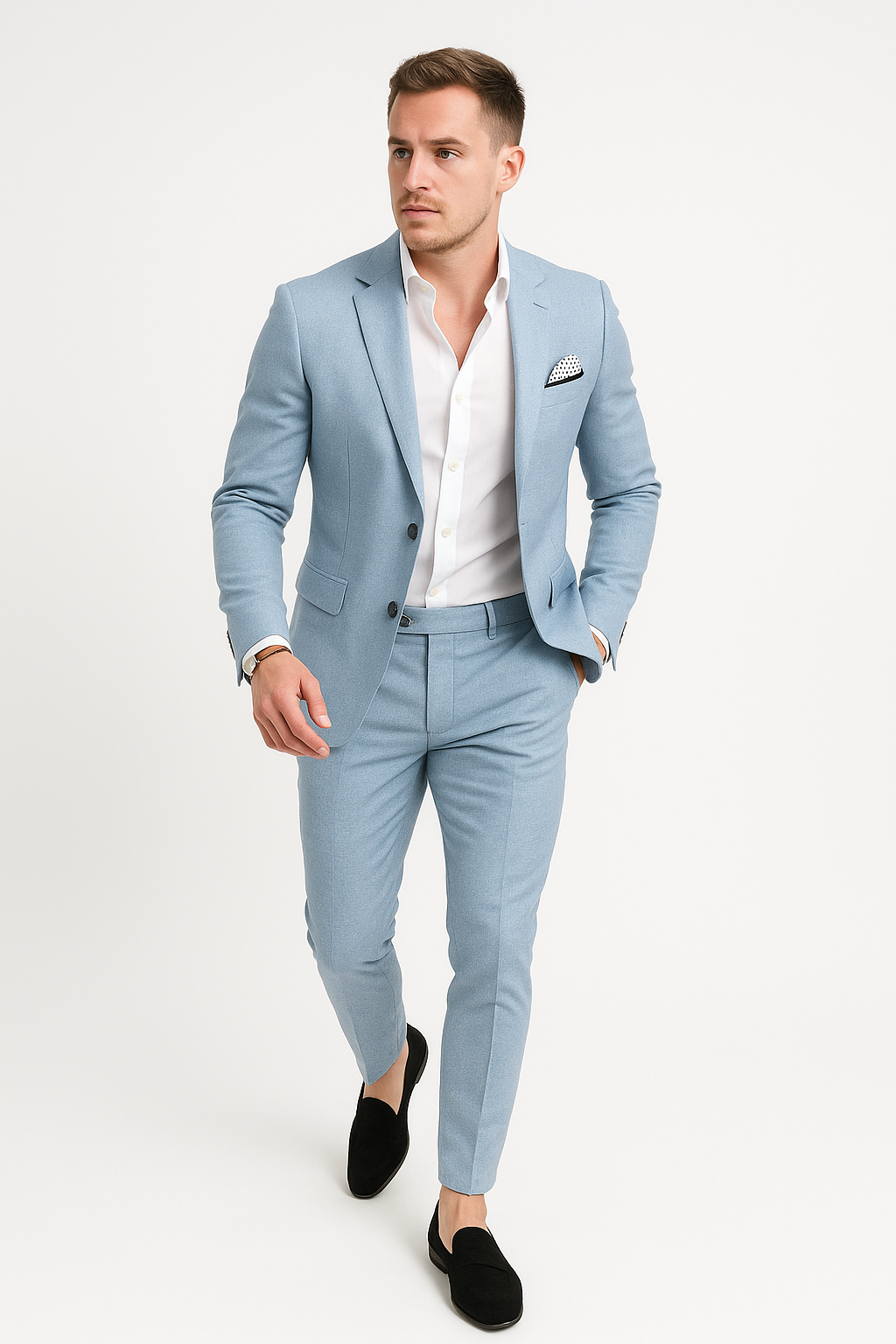 Homme en costume bleu clair, chemise blanche, pochette à motifs, chaussures noires. Mode masculine élégante, tenue formelle moderne.
