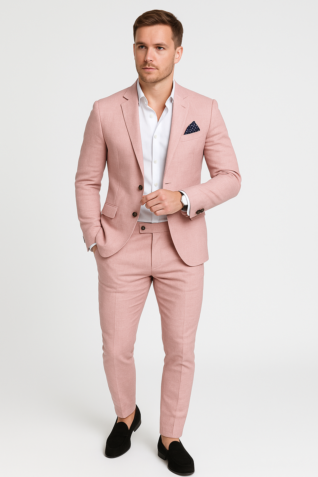 Homme en costume rose élégant, chemise blanche, pochette bleue, chaussures noires. Mode masculine, tenue formelle, style moderne.
