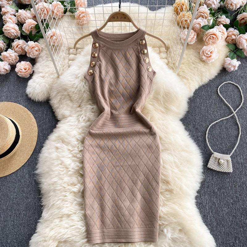 Robe Sans Manches Élégant Bouton en Métal