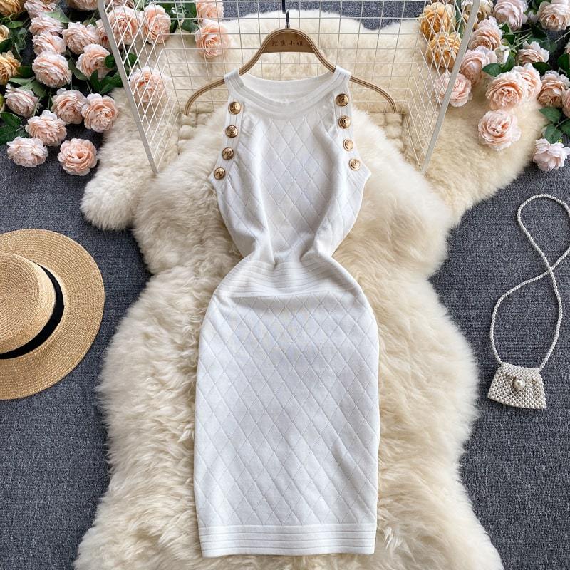 Robe Sans Manches Élégant Bouton en Métal