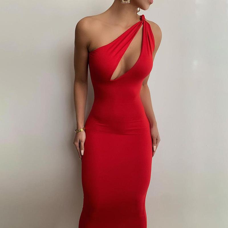 Robe Sexy Couleur UnIe Oblique Épaule Découpée