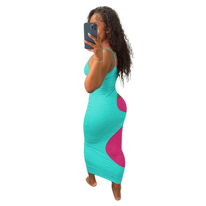 Robe longue moulante à bretelle bicolore découpe asymétrique