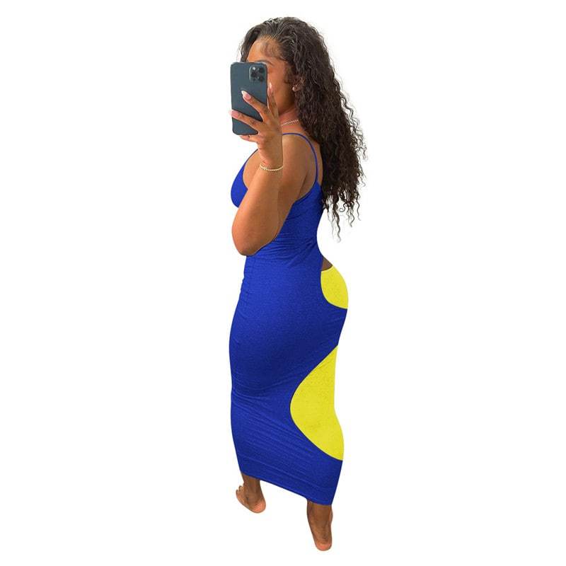 Robe longue moulante à bretelle bicolore découpe asymétrique