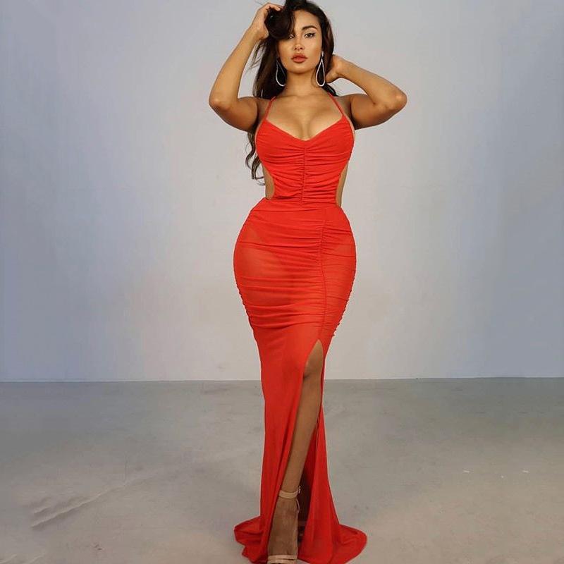 Robe Sexy longue dos nu en maille de couleur unie avec fentes latérales
