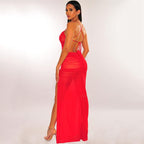 Robe longue transparente en maille à fine bretelles dos nu fente latérale