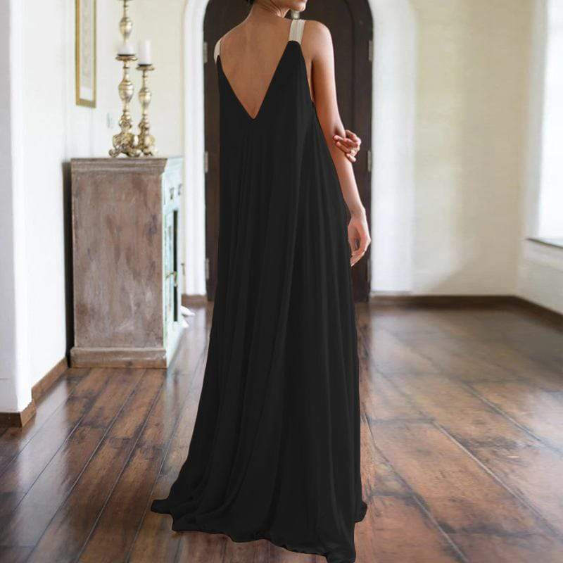 Robe longue sans manches à col en V de couleur unie