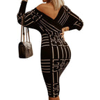 Robe mi-longue moulante à col en V et rayures sexy