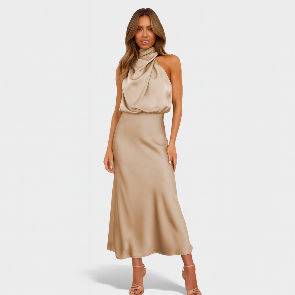 Robe Satinée Élégante avec Décolleté Halter pour Femmes - Spéciale Automne
