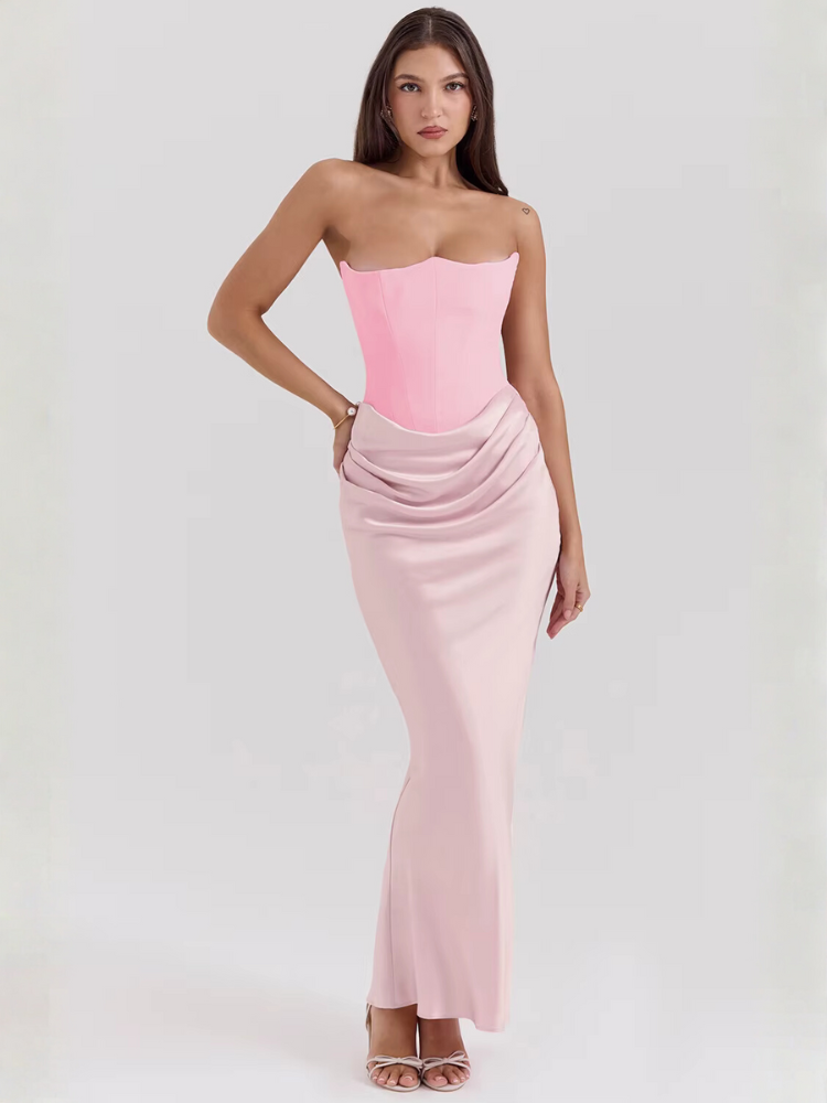Red satin strapless dress