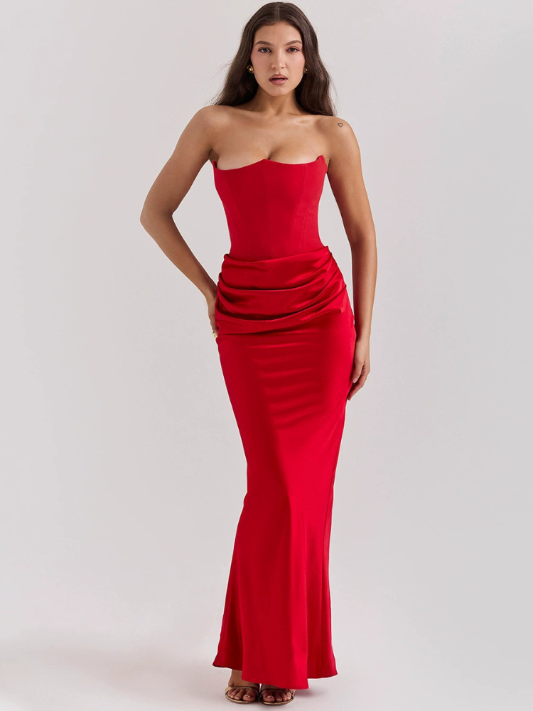 Red satin strapless dress
