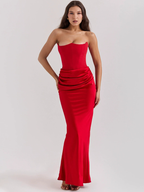 Red satin strapless dress