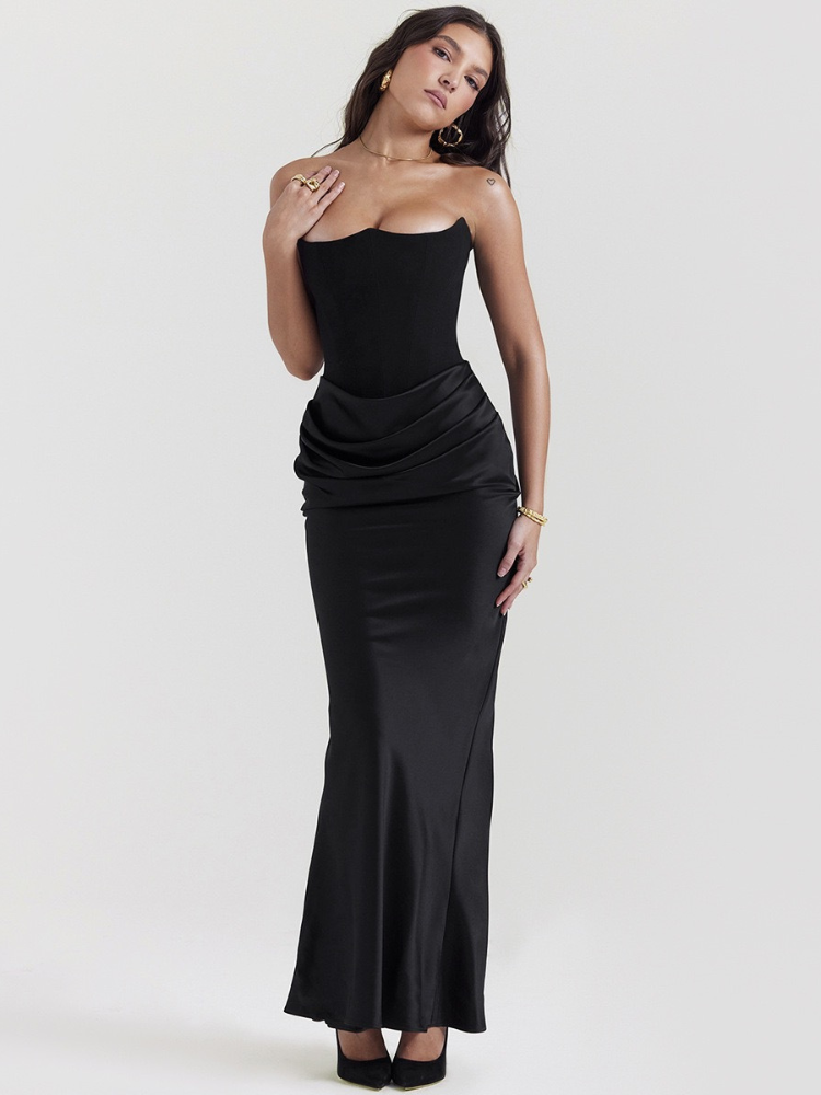 Red satin strapless dress