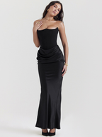 Red satin strapless dress