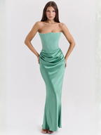 Red satin strapless dress