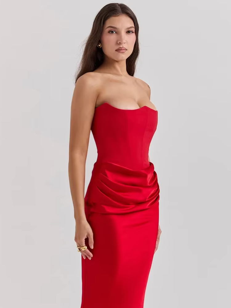 Red satin strapless dress