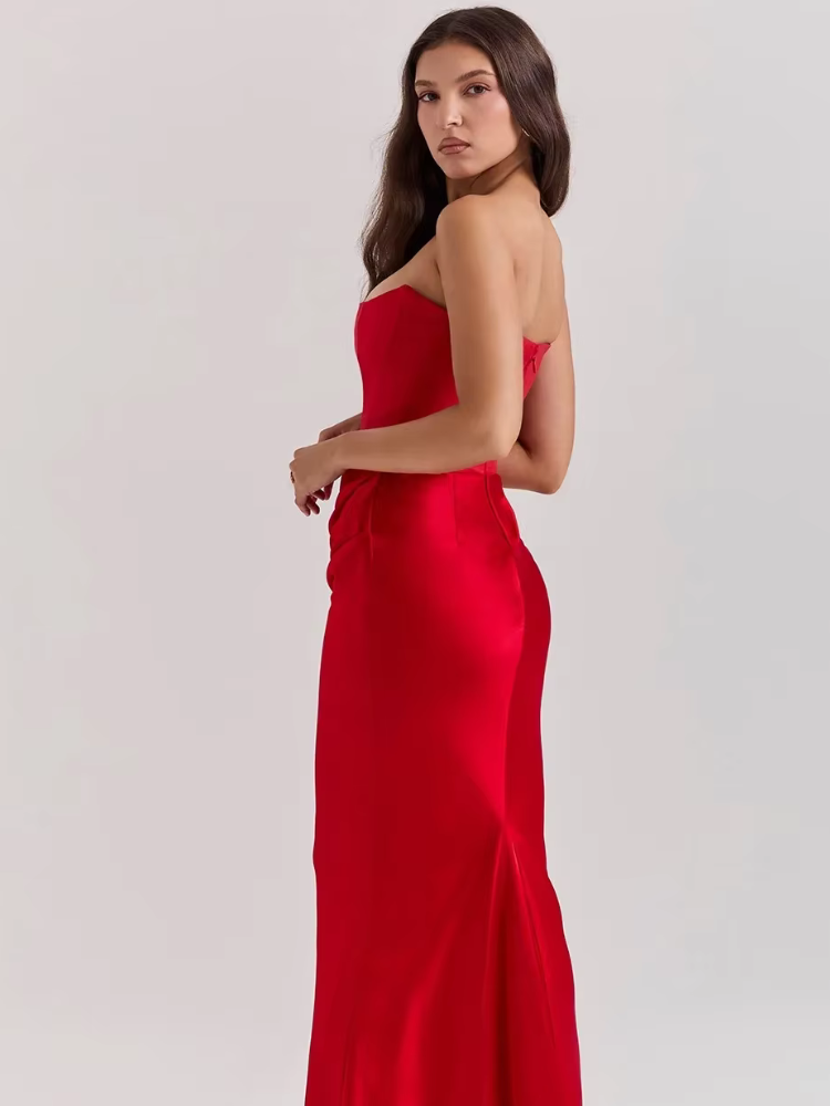 Red satin strapless dress
