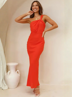 Red satin evening dress