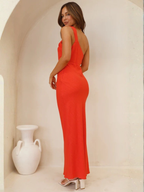 Red satin evening dress