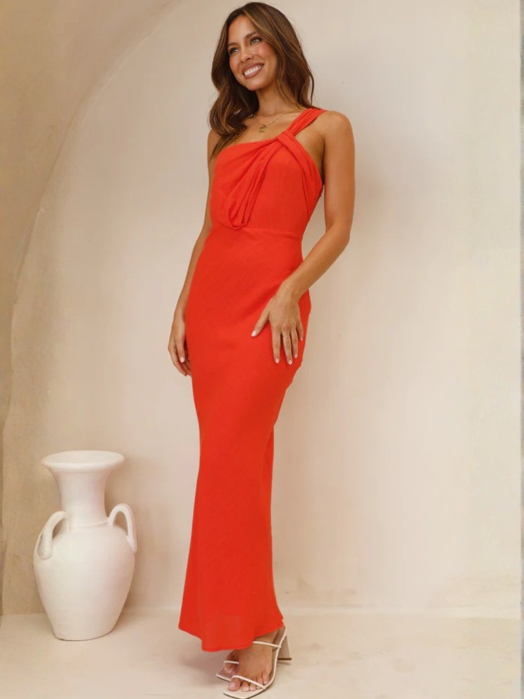 Red satin evening dress