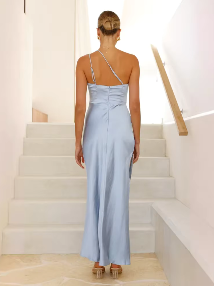 Robe longue satin bleu