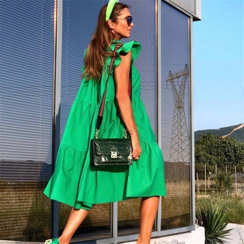 Robe courte à manches courtes ample à volants décontractée