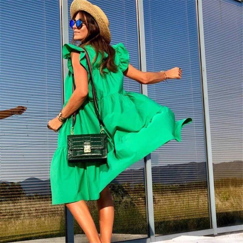 Robe courte à manches courtes ample à volants décontractée