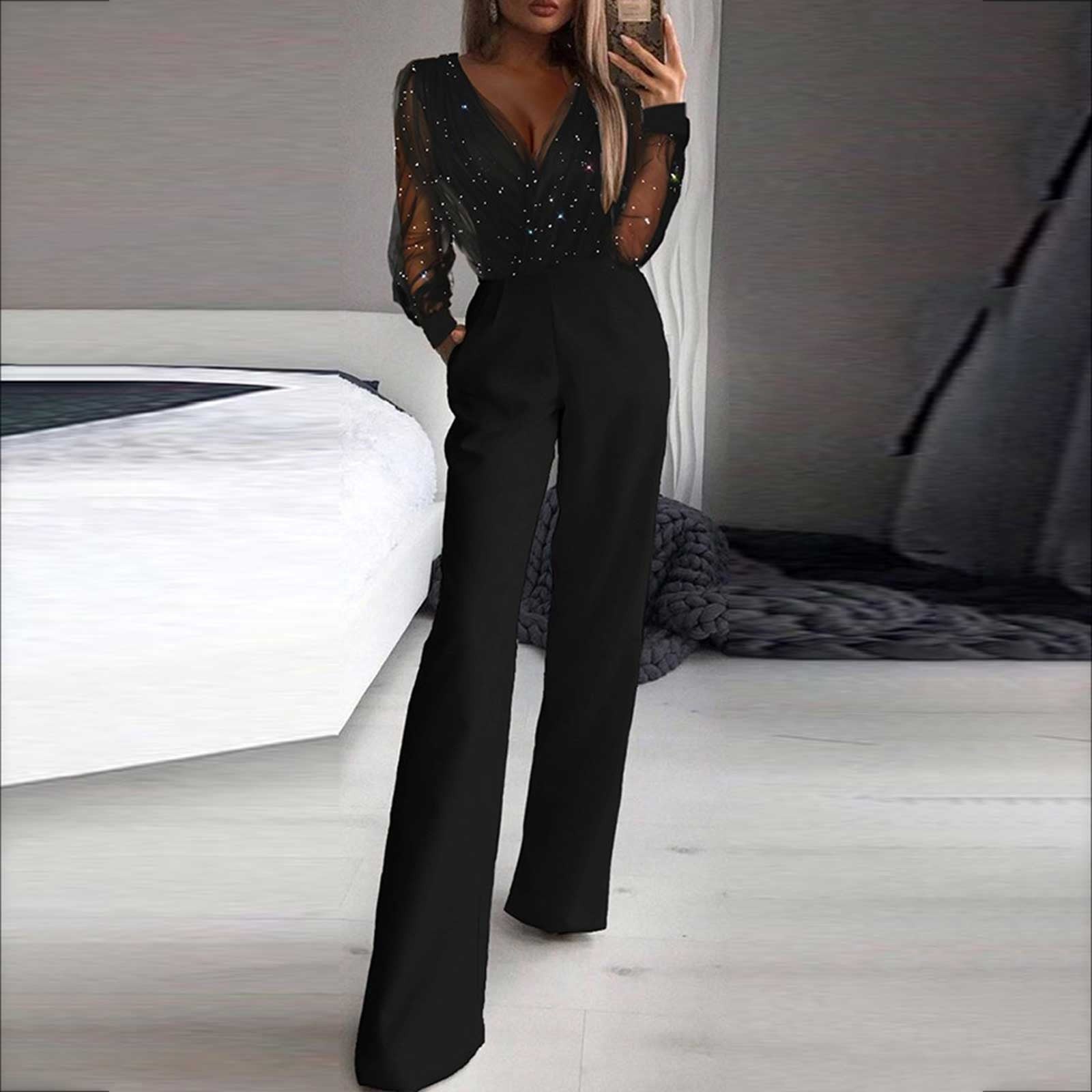 Combinaison noire élégante pour femme avec manches transparentes et détails perlés, idéale pour soirées chic et mode tendance.
