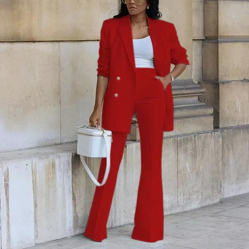 Elegant Blazer with Button Closure and Flared Pants for Women - Two-Piece Set for All Seasons