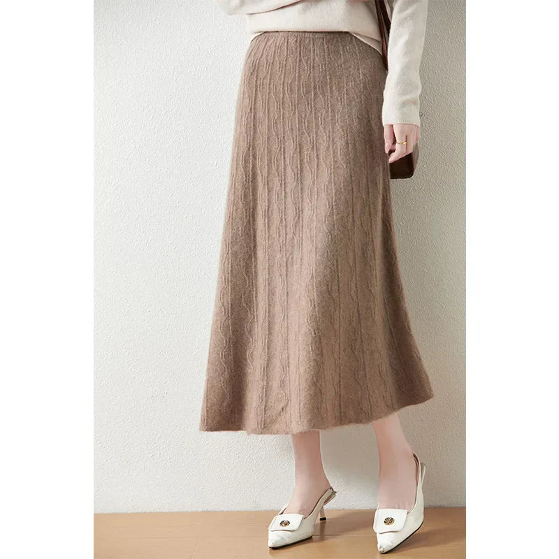 Jupe midi trapèze en laine mérinos – Tricot doux, chaud et élégant