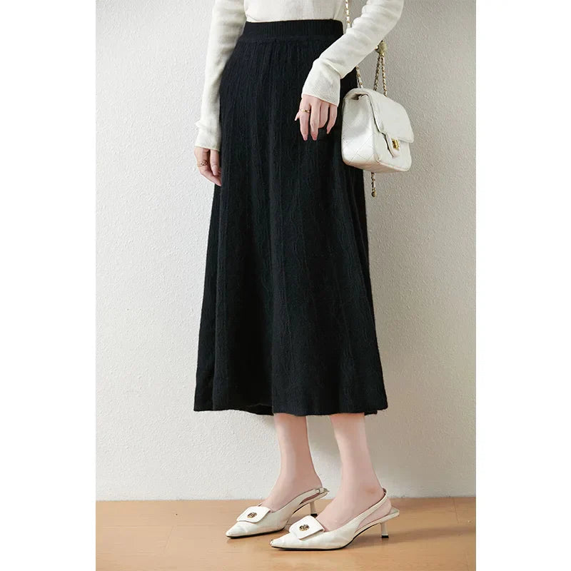 Jupe midi trapèze en laine mérinos – Tricot doux, chaud et élégant