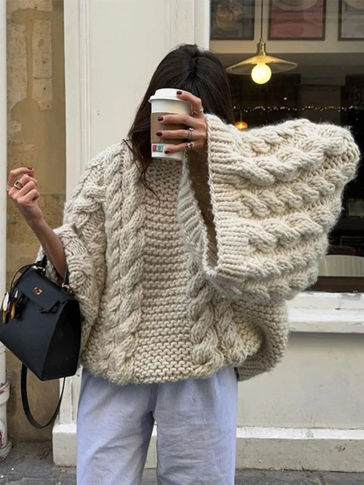 Pull oversize en maille torsadée pour femme | Pull d'hiver chaud et confortable