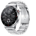 Montre connectée en acier inoxydable avec cadran noir, affichage numérique et aiguilles, bracelet métallique élégant, technologie moderne.