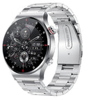 Montre connectée en acier inoxydable avec cadran noir, affichage numérique et aiguilles, bracelet métallique élégant, technologie moderne.
