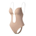 Body sculptant beige avec bretelles transparentes, design sans couture, soutien-gorge intégré, idéal pour robe dos nu, lingerie gainante femme.