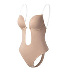 Body sculptant beige avec bretelles transparentes, design sans couture, soutien-gorge intégré, idéal pour robe dos nu, lingerie gainante femme.