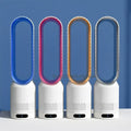 Quatre ventilateurs sans pales colorés sur fond bleu, design moderne et épuré, technologie de purification d'air, idéal pour maison ou bureau.