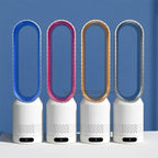 Quatre ventilateurs sans pales colorés sur fond bleu, design moderne et épuré, technologie de purification d'air, idéal pour maison ou bureau.
