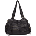 Sac à main en cuir noir avec multiples poches zippées et bandoulières robustes. Design élégant et pratique pour femme, idéal pour le quotidien.