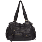 Sac à main en cuir noir avec multiples poches zippées et bandoulières robustes. Design élégant et pratique pour femme, idéal pour le quotidien.