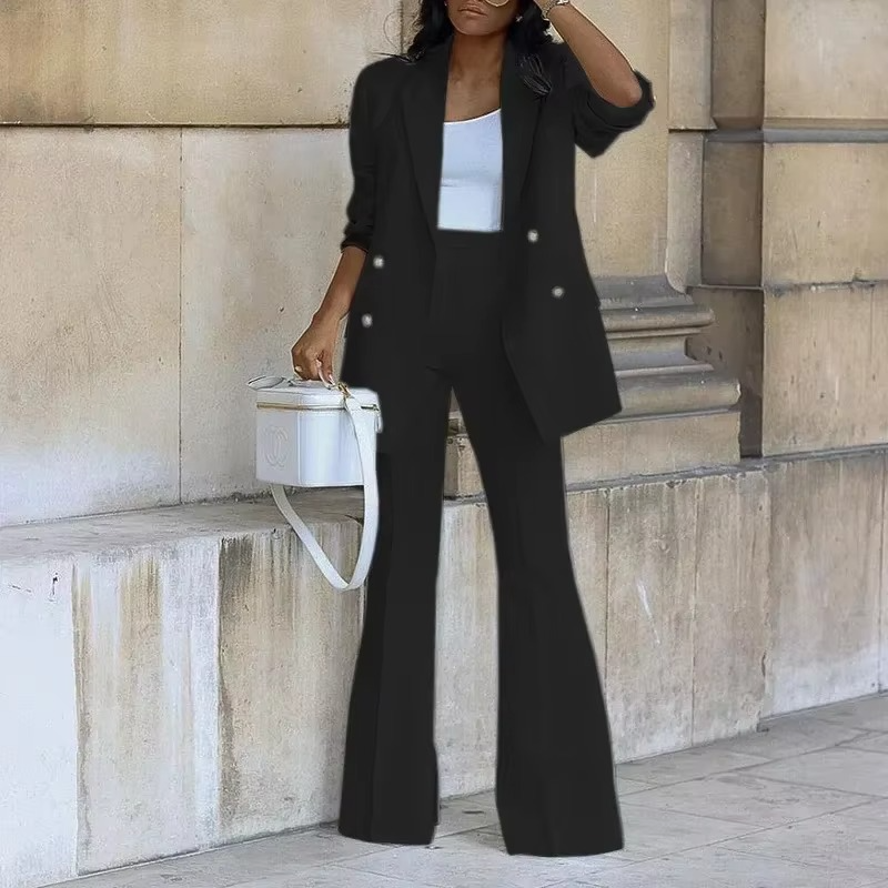 Elegant Blazer with Button Closure and Flared Pants for Women - Two-Piece Set for All Seasons