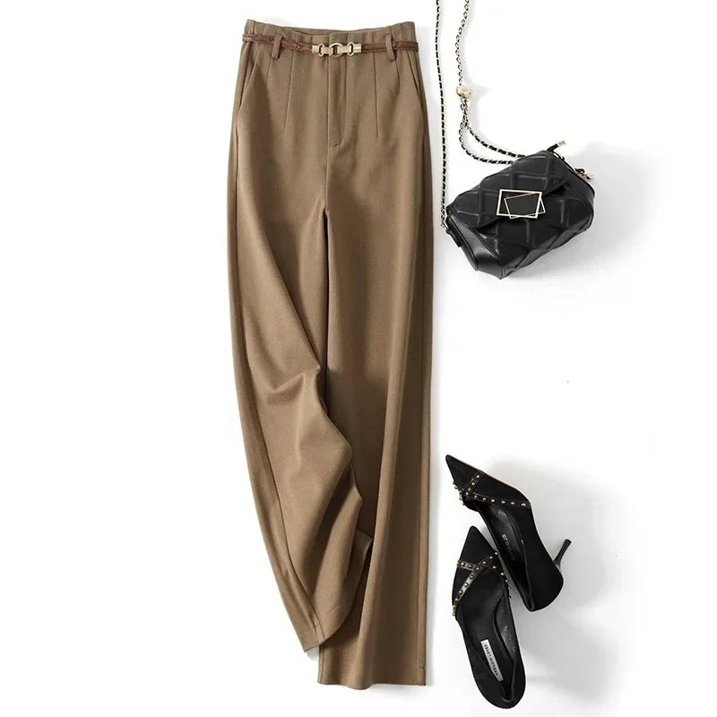 Pantalon large taille haute pour femme – Vêtement de travail en polyester avec ceinture