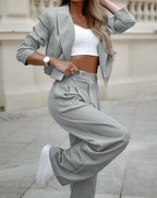 Women's Pleated Trouser Suit - Cropped Blazer - Double Breasted - High Waist Wide Leg - Autumn Collection