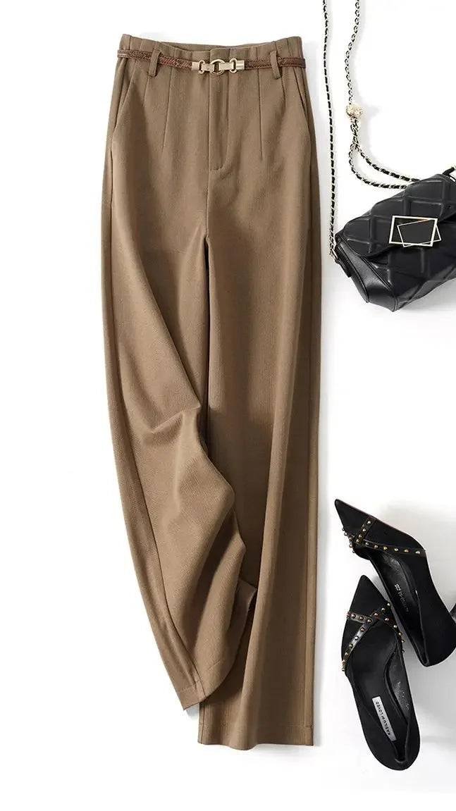 Pantalon large taille haute pour femme – Vêtement de travail en polyester avec ceinture