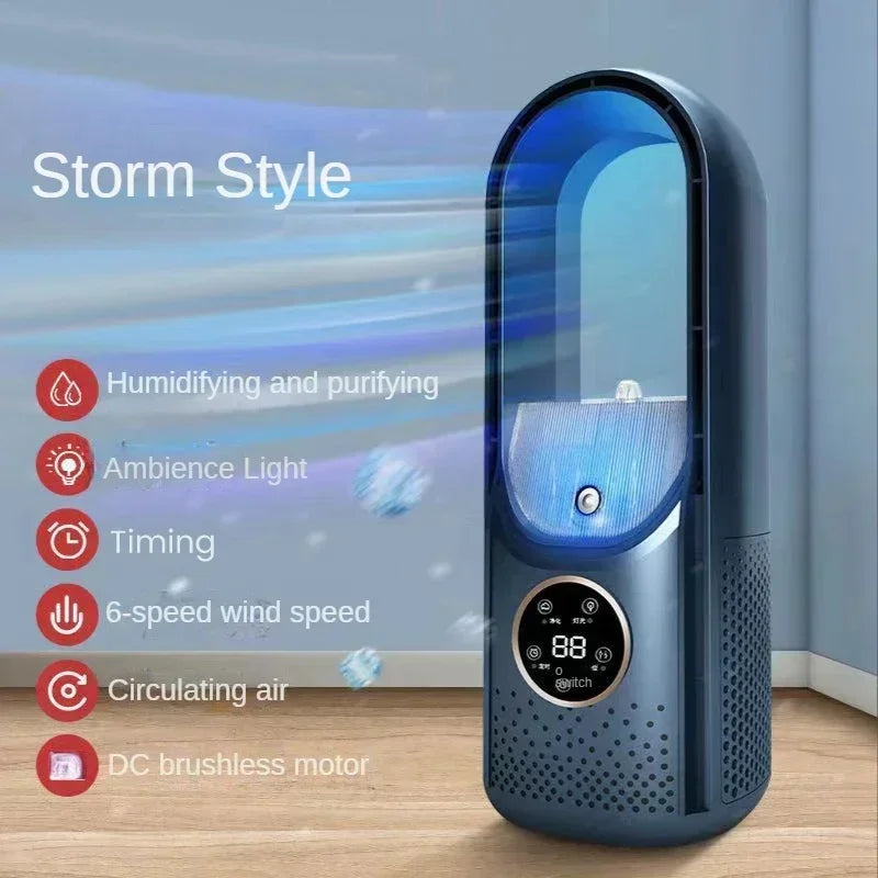 Purificateur d'air bleu avec écran numérique, fonctions d'humidification, lumière d'ambiance, vitesse réglable, moteur sans balais, style moderne.