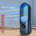 Purificateur d'air bleu avec écran numérique, fonctions d'humidification, lumière d'ambiance, vitesse réglable, moteur sans balais, style moderne.