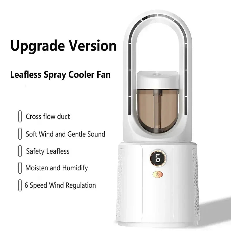 Ventilateur sans pales avec fonction de pulvérisation, affichage numérique, régulation à 6 vitesses, humidification et conduit d'air croisé.