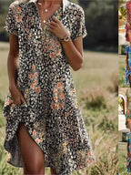 Carla | Robe florale élégante avec col en V, boutons et manches longues pour l'automne