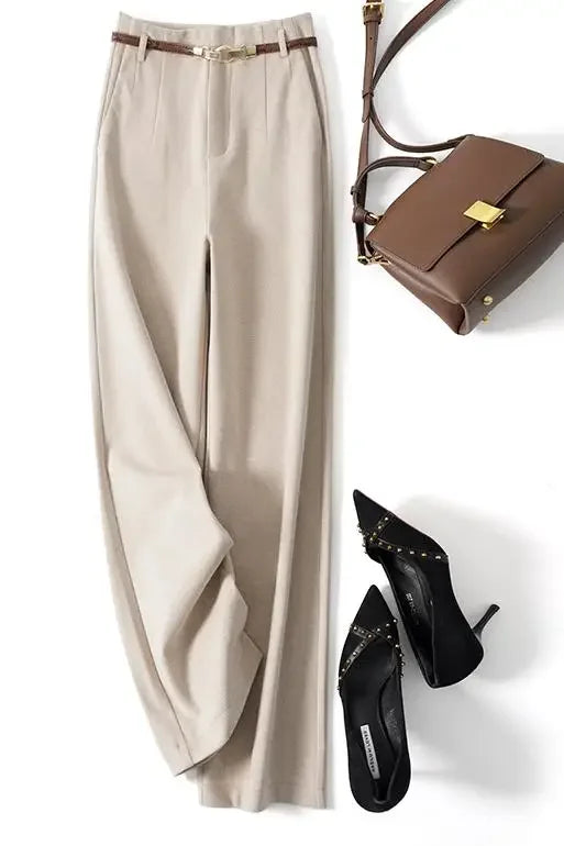 Pantalon large taille haute pour femme – Vêtement de travail en polyester avec ceinture