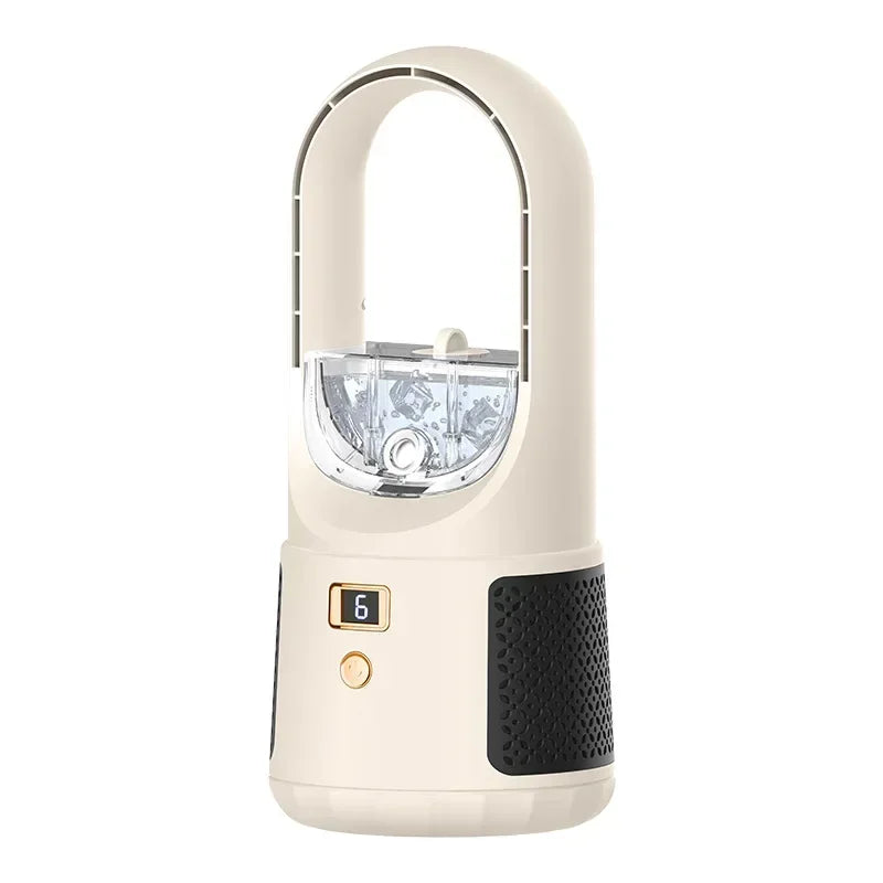 Ventilateur sans pales blanc avec affichage numérique et commandes tactiles, design moderne et compact, idéal pour la maison ou le bureau.